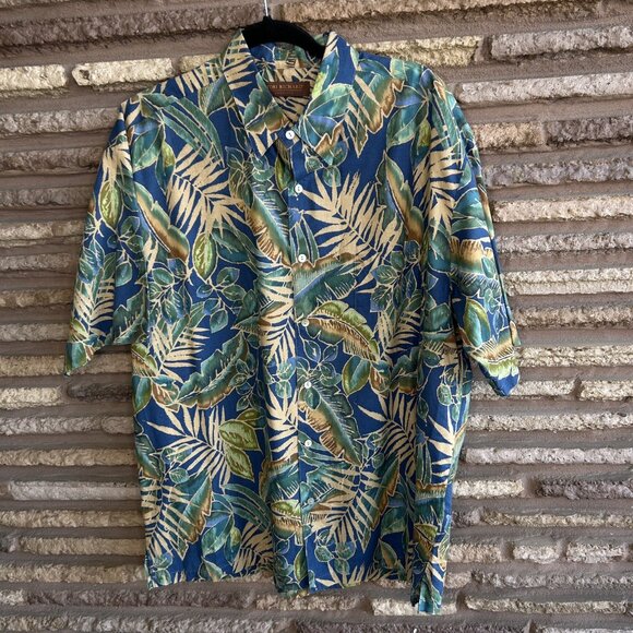 Tori Richard Vintage Hawaiian Green Blue Palm Leaf Print Cotton Lawn Aloha Shirt - Picture 5 of 9